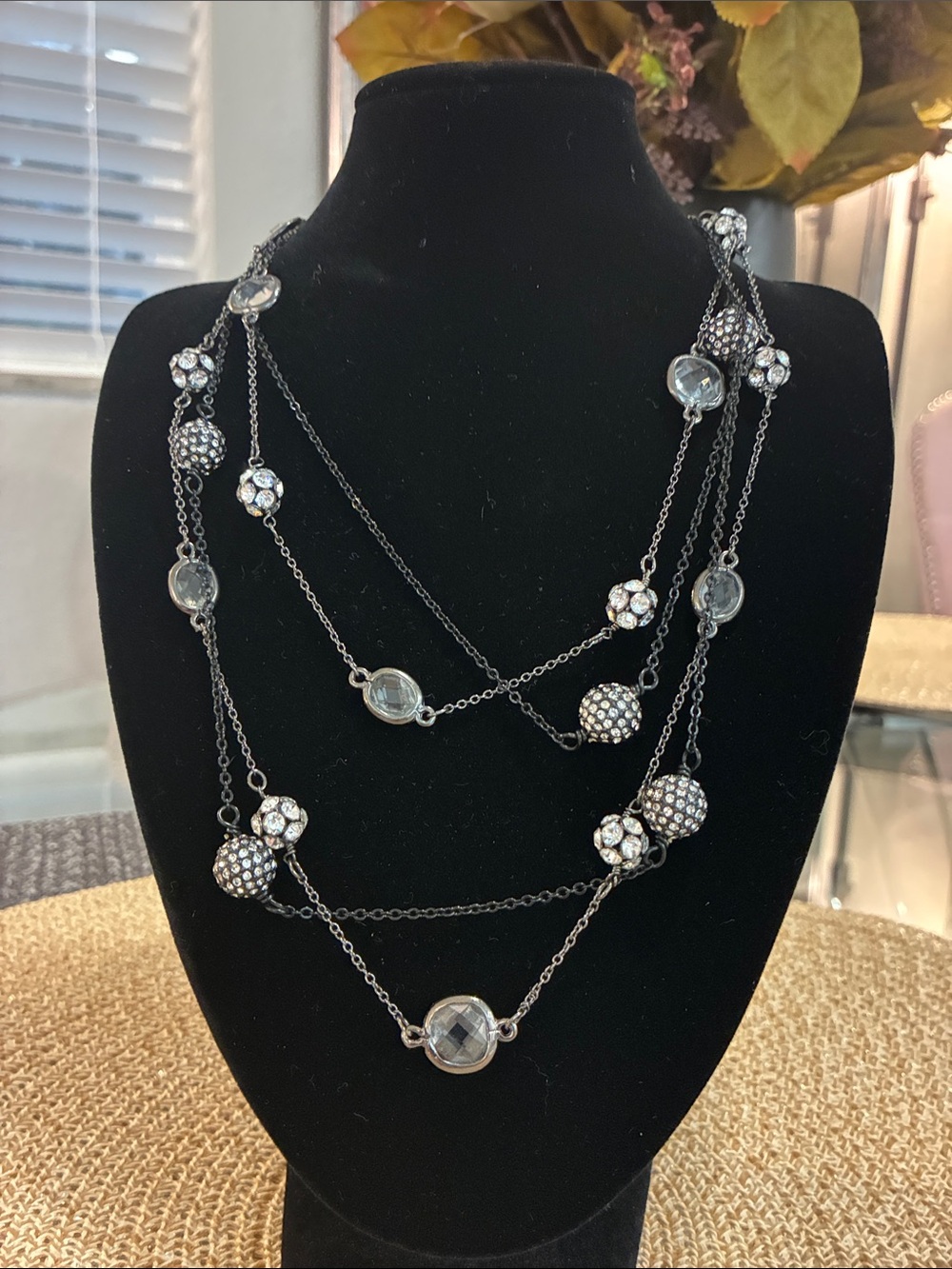Vintage J CREW Long Layered Black and Silver Bead Necklaces (2)
